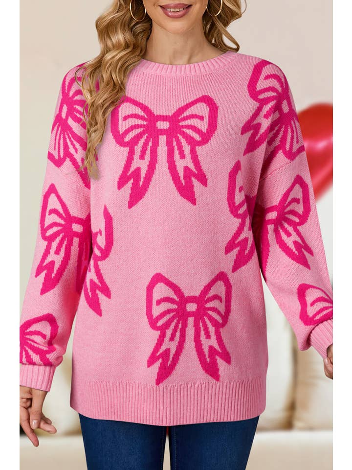 As shown Pink Valentine Bowknot Graphic Knit Sweater | S-XL for wholesale on Faire