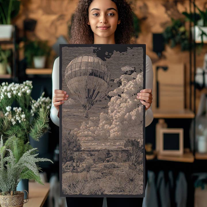 Illustrazione Incisa di Mongolfiera sul Deserto per la vendita all'ingrosso da parte di Benoit's Design Co.