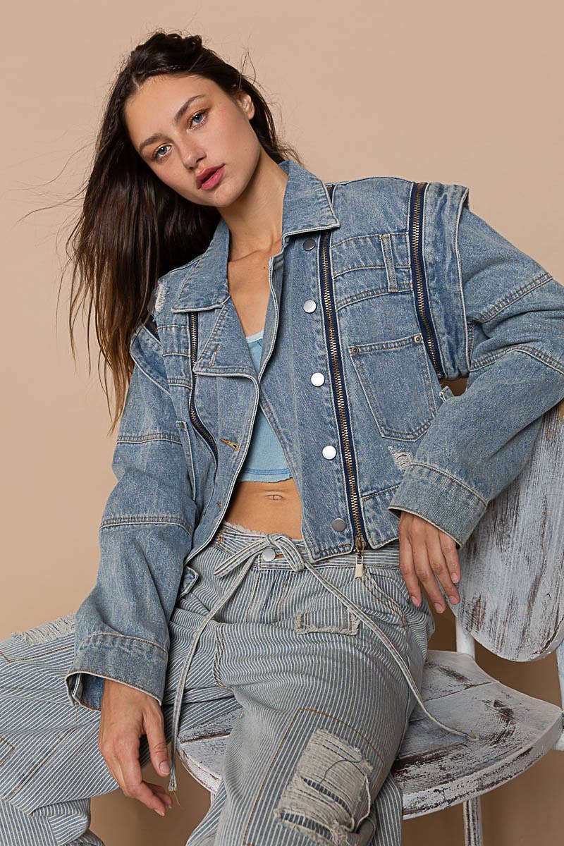 Pol Clothing - Wholesale Denim Jacket - Women's - Oversized denim jacket with zipper detail5