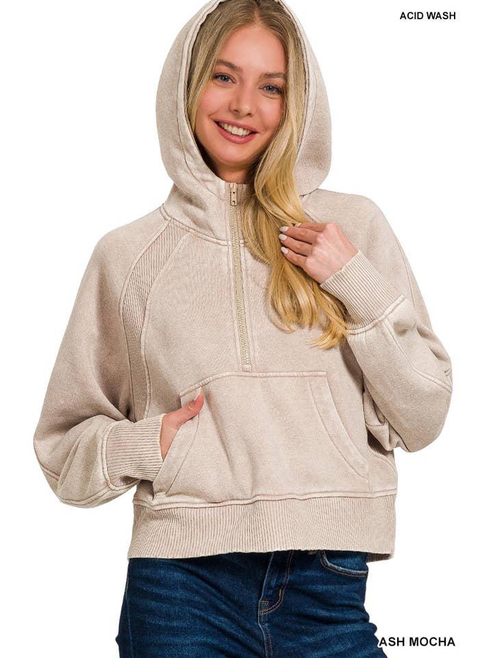 42POPS - Wholesale Hoodie – Women's - .1016 Washed Half Zip Fleece Hoodie w/ wide rib back SI-267011