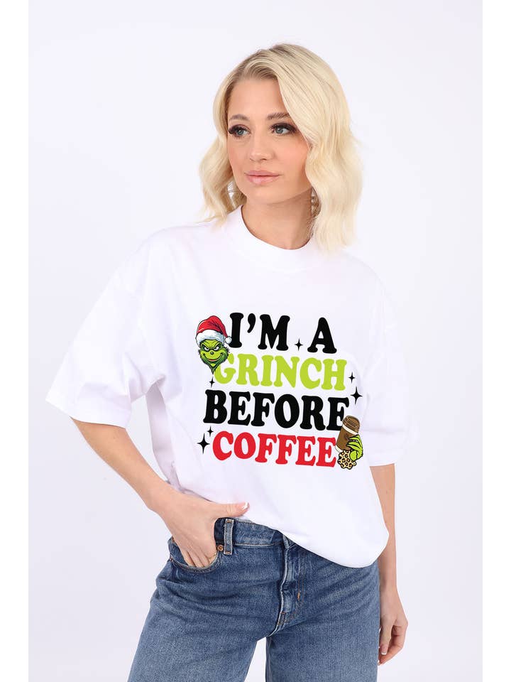 Missi Clothing – wholesale Screen printed t-shirt – Women′s – 220GSM Oversize Christmas T-Shirt In Grinch Before Coffee Print