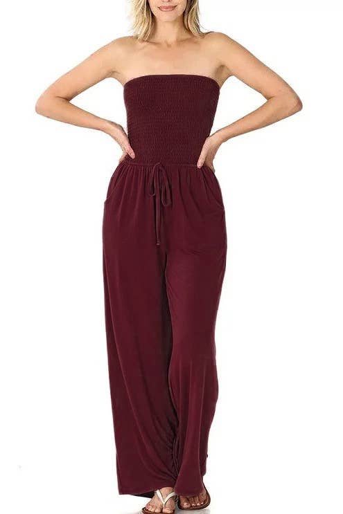 Rosa Clothing - Vente Combinaison – femme - Combinaison à jambes larges sans bretelles avec corsage smocké décontracté et simple6