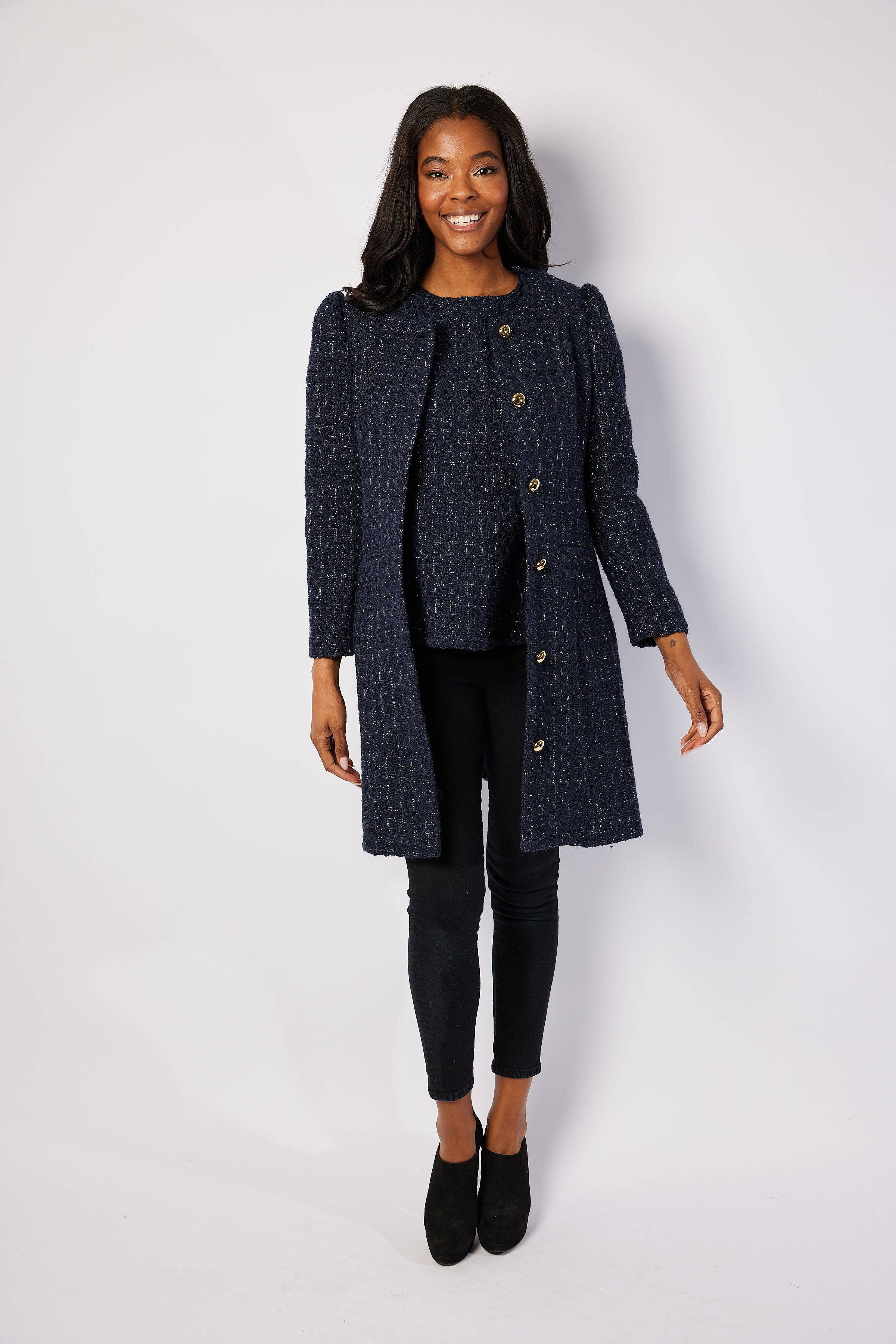 Navy Metallic Tweed Button Front Coat for wholesale on Faire6