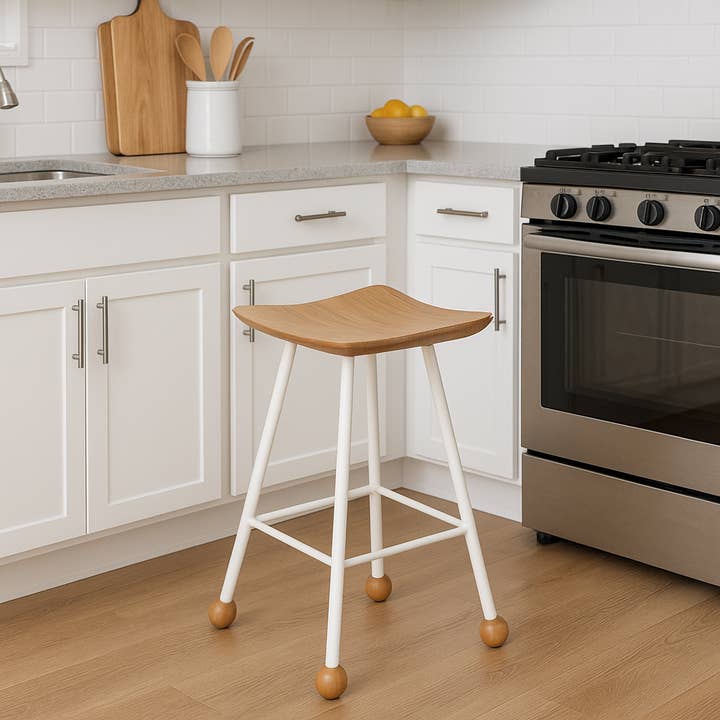 Wooden Stool Bar – 47cm – White Iron Pipe Legs / STL-010 for wholesale by Wood Stone Art