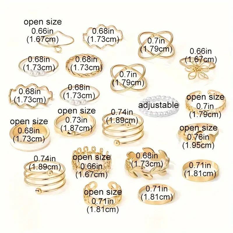 Huis Van Merken - Wholesale Jewelry Set - 21pcs Elegant Golden-Toned Ring Set with Geometric, Floral & Olive Motifs3