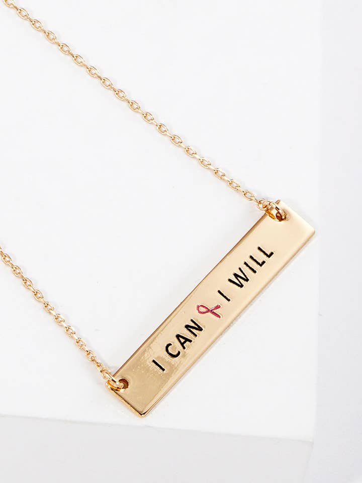 Ich kann, ich werde Gravierte Rechteck-Anhänger Rosa Band Inspirierende Halskette für den Großhandel von Wild Honey