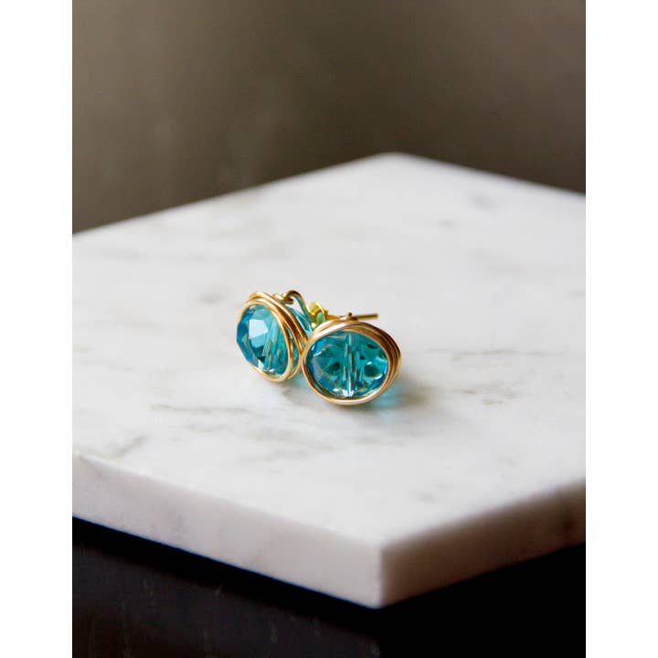 The Jovi Lyne Collection – wholesale Stud/post earrings – Aqua Blue Chinese Crystal Wire Wrapped Stud Birthstone Earrings - Gold5