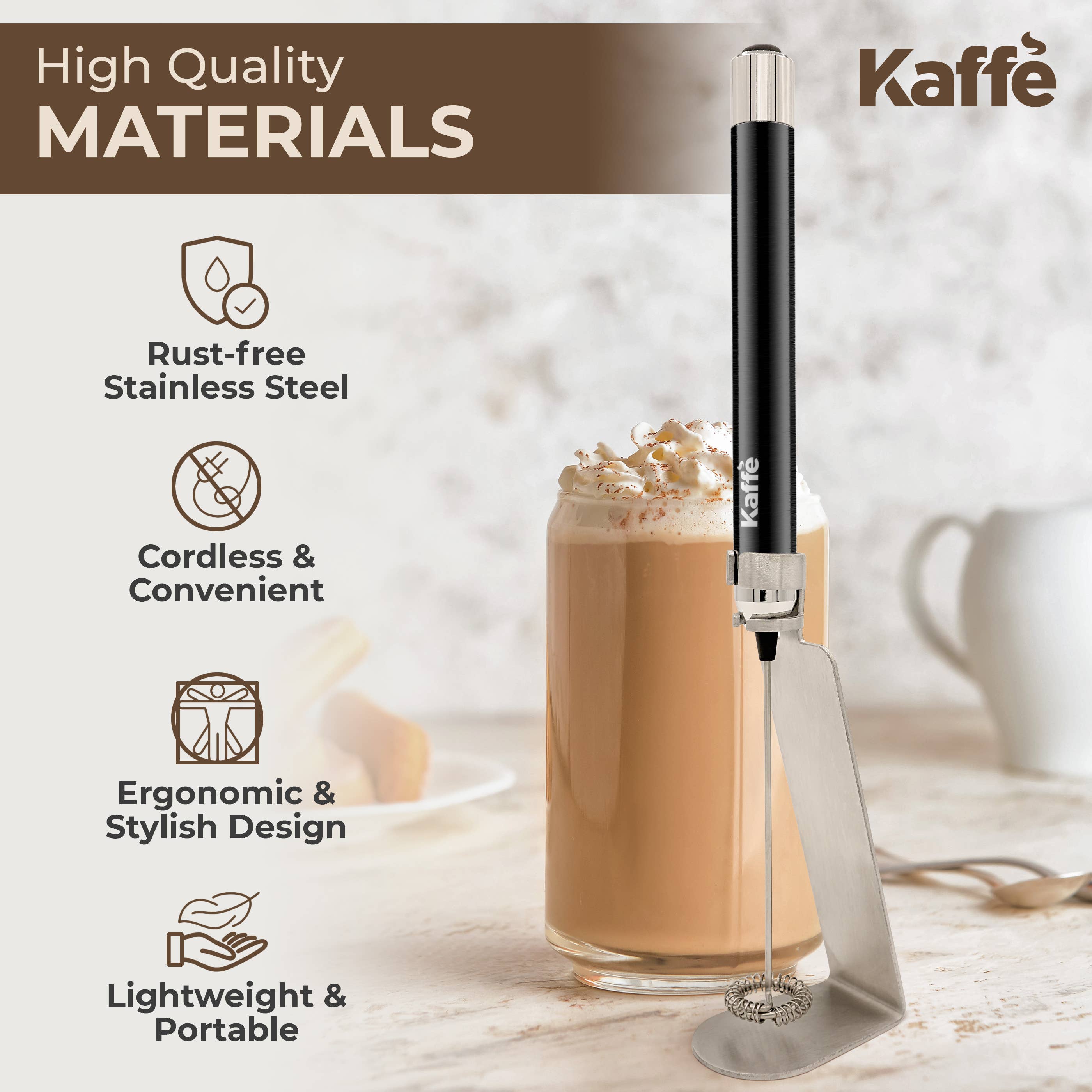 Kaffe – Ferramenta/gadget de cozinha por atacado – Espumador de Leite Portátil Kaffe com Suporte1