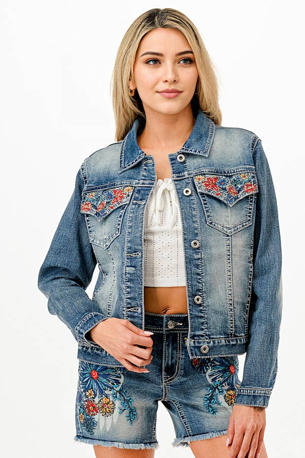 Grace in LA - Wholesale Denim Jacket - Women's - Floral Embroidery Detail Denim Jacket  | TE-619651