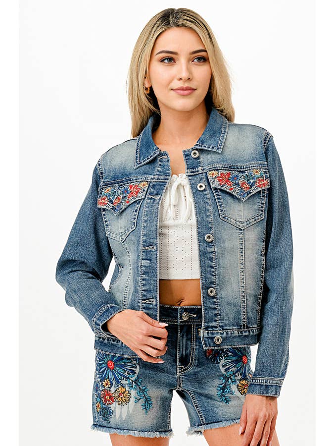 Grace in LA - Wholesale Denim Jacket - Women's - Floral Embroidery Detail Denim Jacket | TE-619651