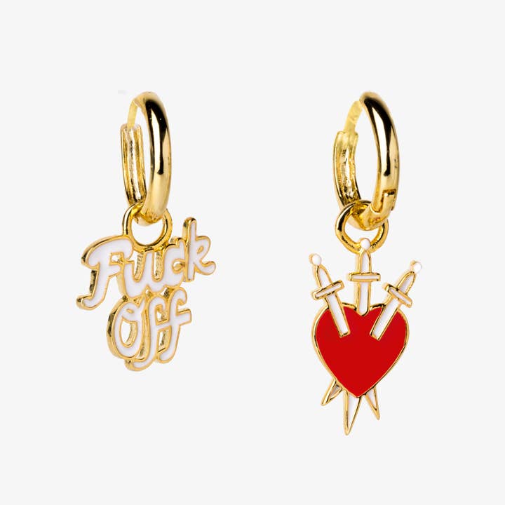 Yellow Owl Workshop - Wholesale Huggie Earrings - F*ck Off & Heart/Daggers Hoop Earrings - Gold Statement