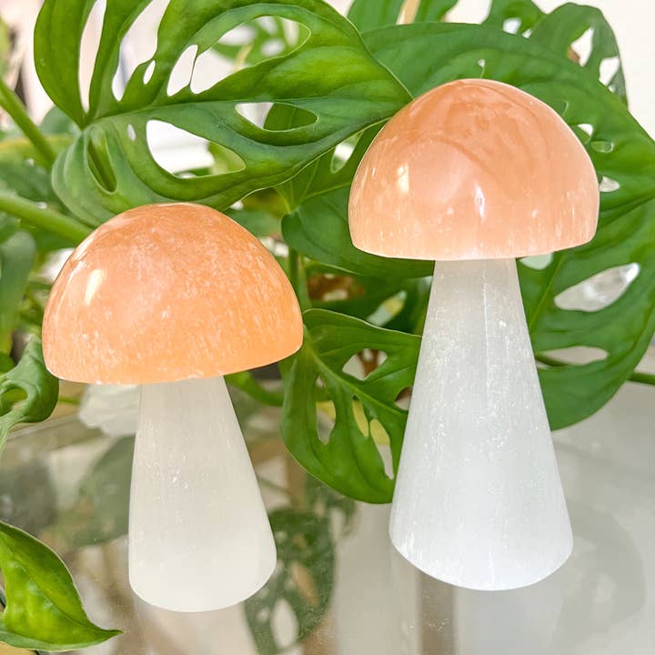 Peach Selenite Crystal Mushroom Decor Mother's Day Gift for wholesale by Fractalista Designs