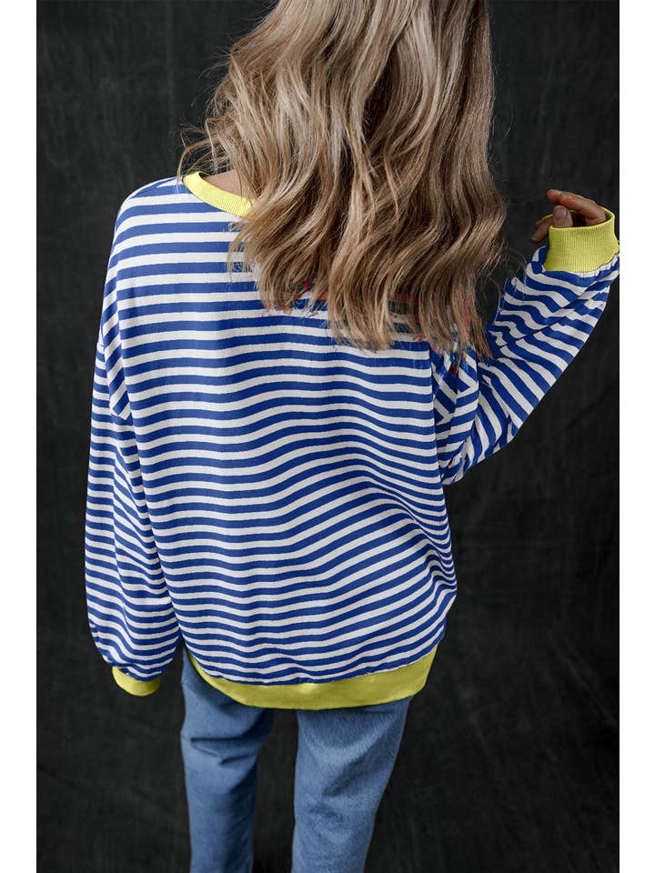Amaryllis Apparel - Wholesale Sweatshirt - Women's - Stripe Oversized Contrast Trim Pullover Sweatshirt14