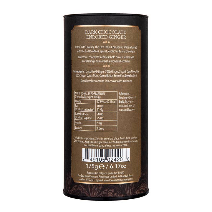 The East India Company - Wholesale Chocolate Covered Sweets - Dark Chocolate Enrobed Crystallised Stem Ginger 175g