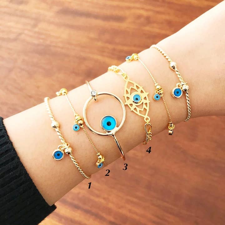 Evileyefavor - Wholesale Jewelry Set - Gold Evil Eye Bracelet, Evil Eye Bangle Bracelet, Blue Evil Eye Bead