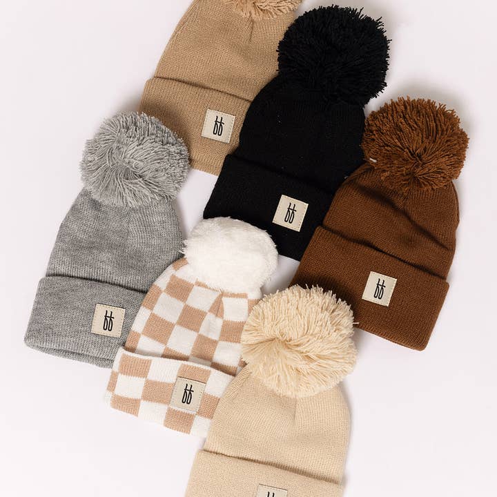 Forever French Baby - Wholesale Beanie - Kids - ff Knit Pom Top Beanie | Tan Checkerboard2