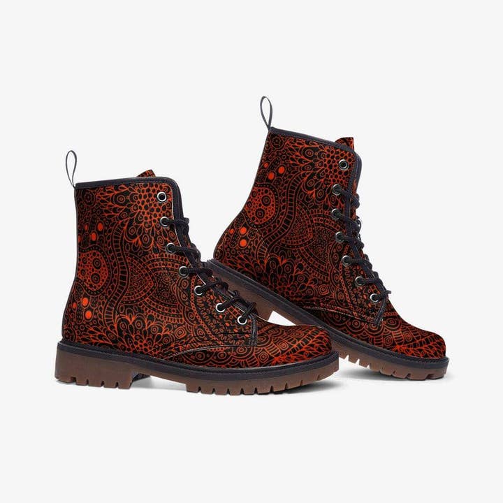 Raiana's Vibes - Wholesale Combat/Military Boots - Men's - Psychedelic Vegan Leather Boots, Red Tribal Combat Boots