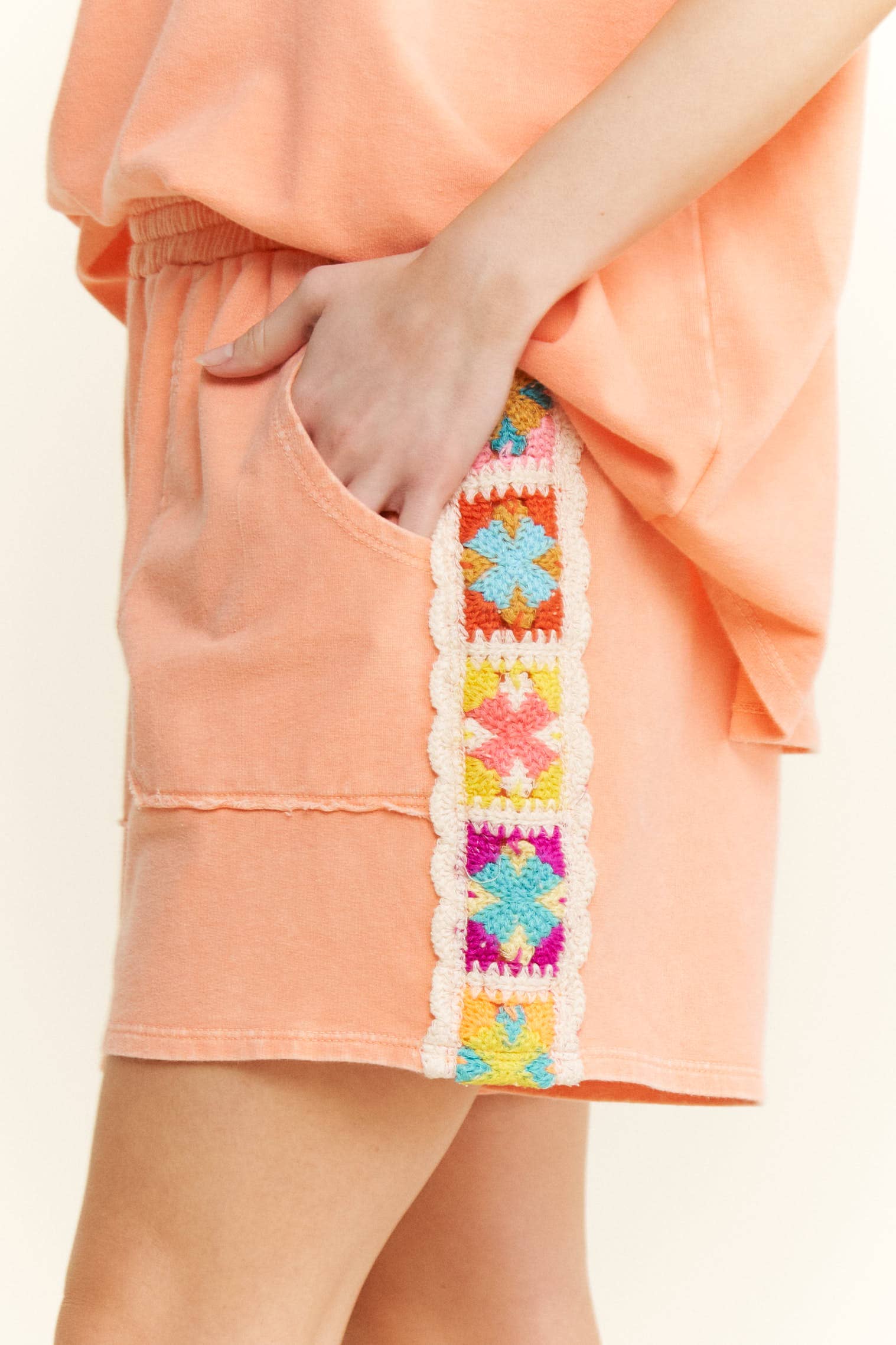 J.Her - Wholesale Shorts - Women's - Mineral Washed Crochet patch side trim Knit Shorts HP648714