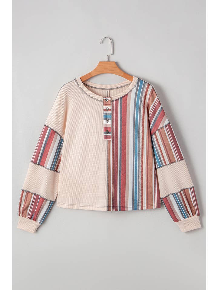 Beige Fall 2025 Striped Waffle Patchwork Exposed Seam Raw Edge Top for wholesale on Faire2
