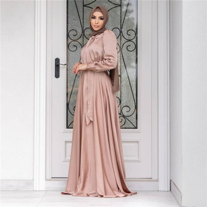 FurDecoration - Wholesale Dress - Women's - Solid Color Muslim Fashion Big Swing Satin Dress
