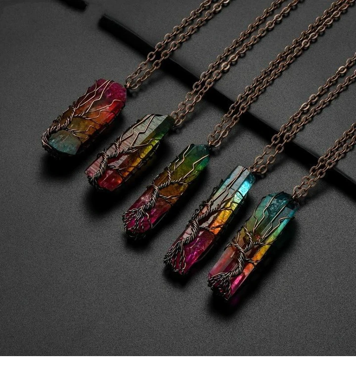 Gypsy Rose - Wholesale Pendant/Charm Necklace - Tree of Life Wired Rainbow Crystal Necklace0
