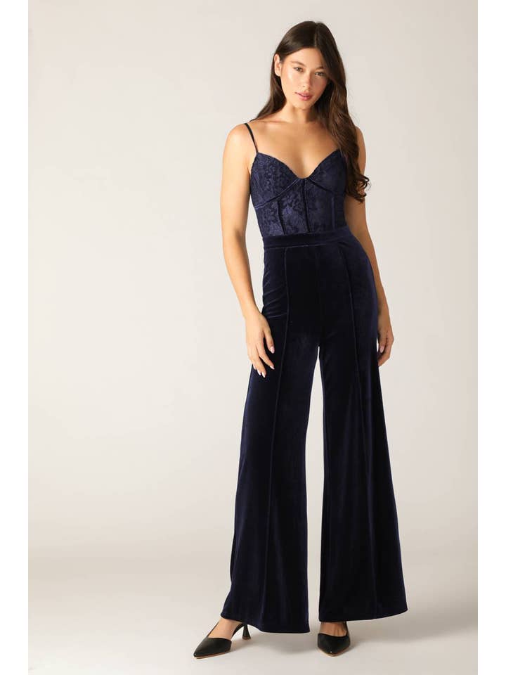 NAVY A woven lace and velvet jumpsuit - IP8665 for wholesale on Faire