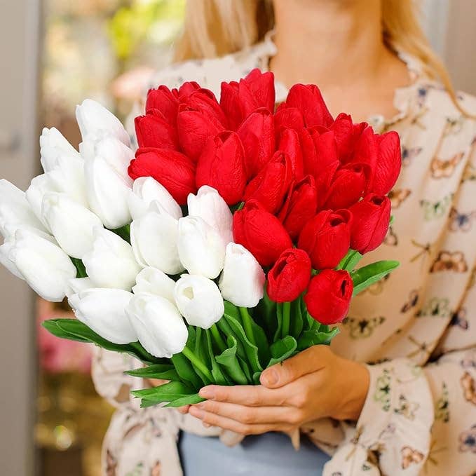 Crover - Wholesale Artificial Flowers - Real Touch Artificial Tulip Flower (Red & White)3