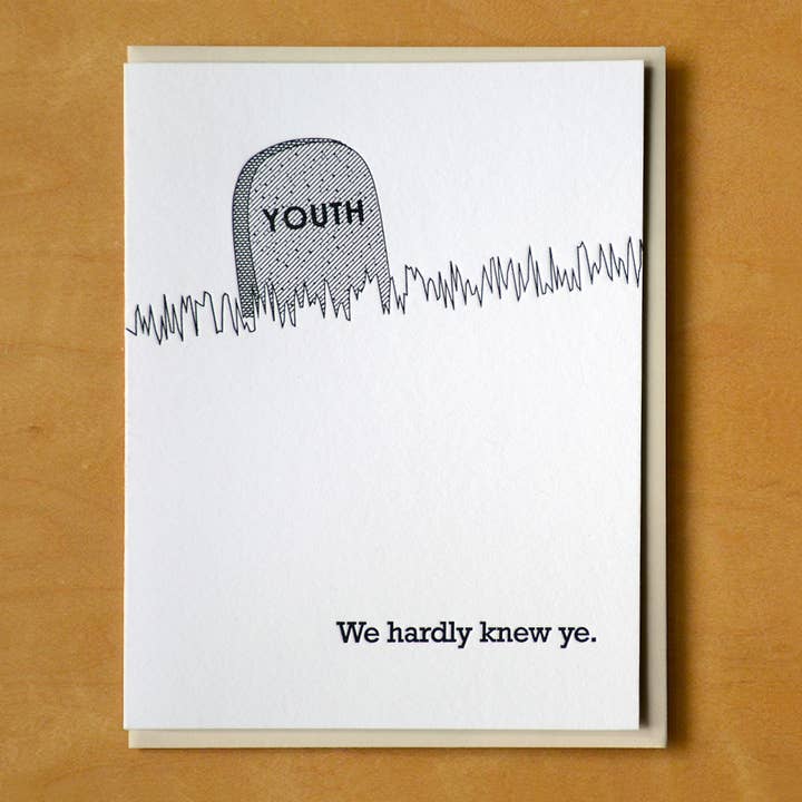 RIP Youth Tombstone Letterpress Birthday Card for wholesale by McBitterson's