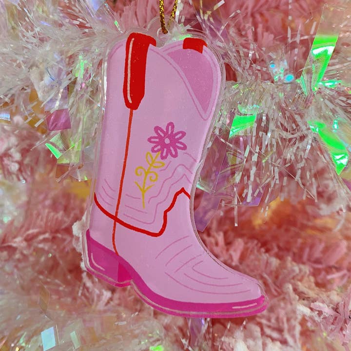 Rosafarbenes Cowgirl-Stiefel-Ornament für den Großhandel von Facing the Sunshine Stationery + Design