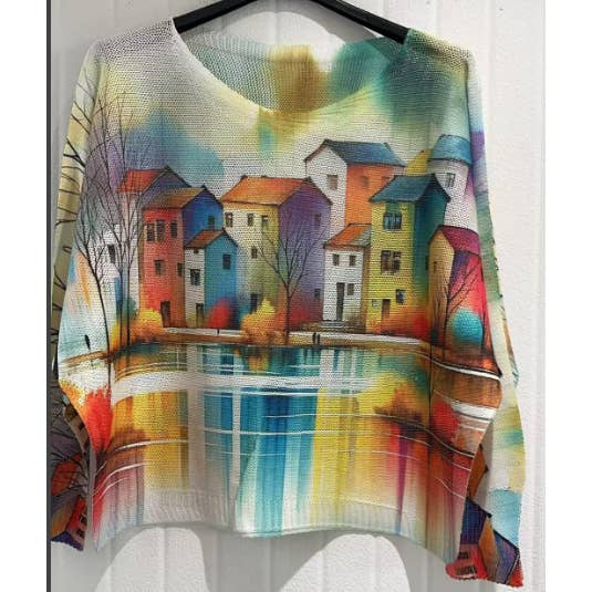 COHOU White Houses Round Knit Printed Sweater LOOWIE for wholesale by LOOWIE
