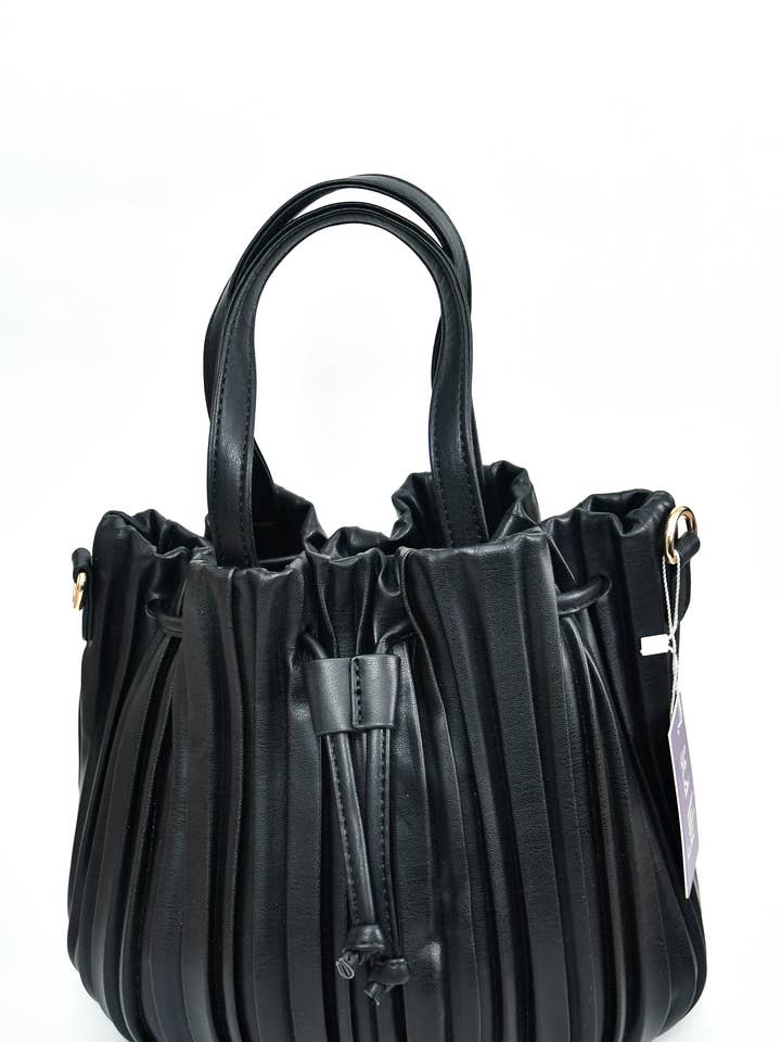 7057 BLACK black pleated bucket bag for wholesale by Sea Lily
