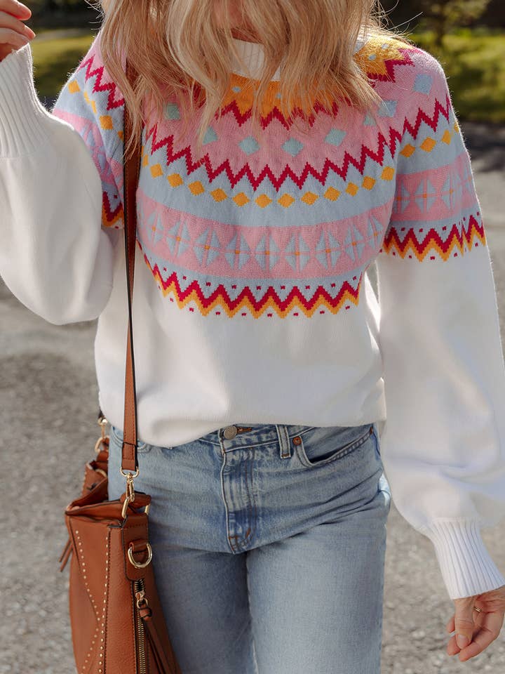 LDC Ethnic Geometric Colorblock Print Drop Shoulder Sweater for wholesale by Little Daisy Closet