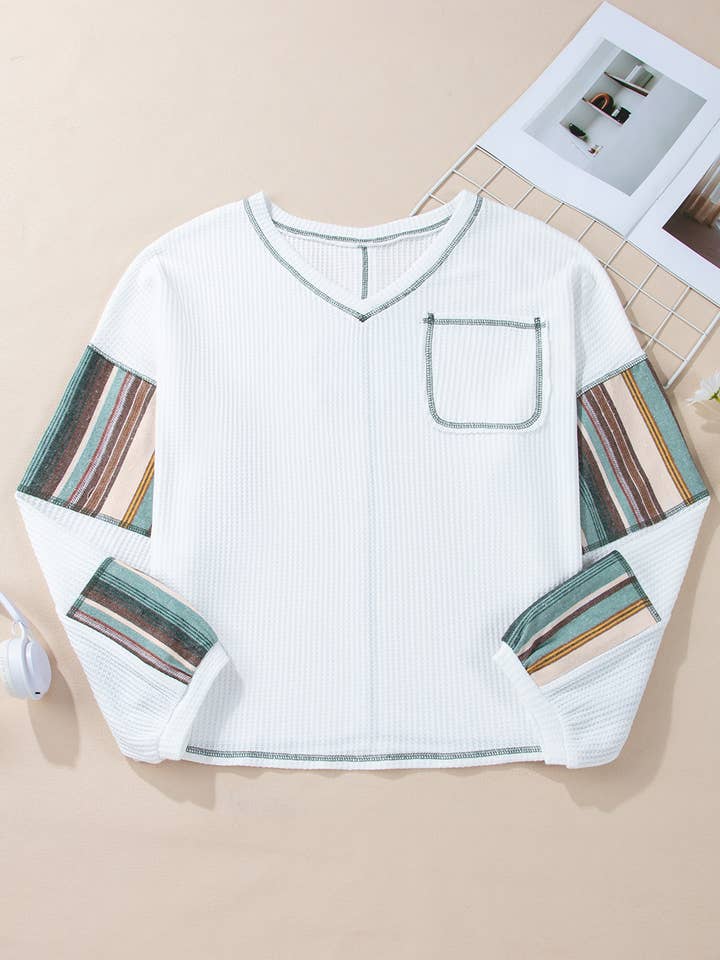 As shown Striped Contrast Stitching Waffle Knit Top | S-XL for wholesale on Faire