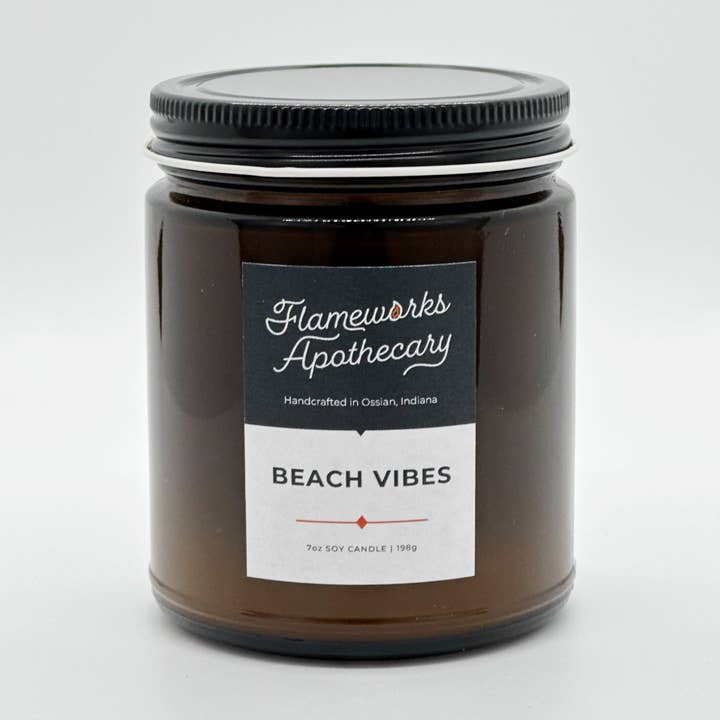 Beach Vibes 7 oz Amber Jar Wooden Wick Candle for wholesale by Flameworks Apothecary