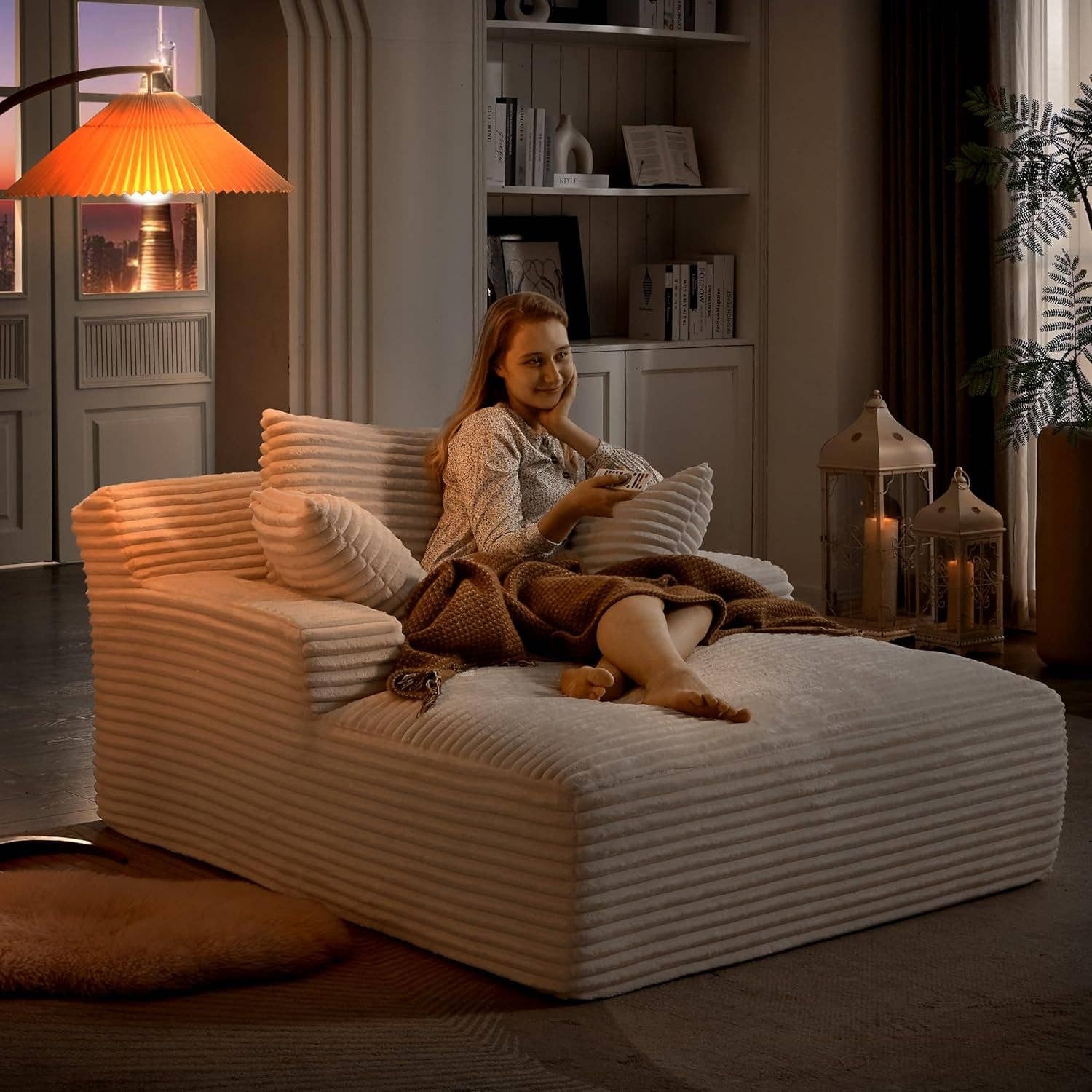 50-Inch Oversized Corduroy Chaise Lounge Chair in White with Pillows for wholesale on Faire4