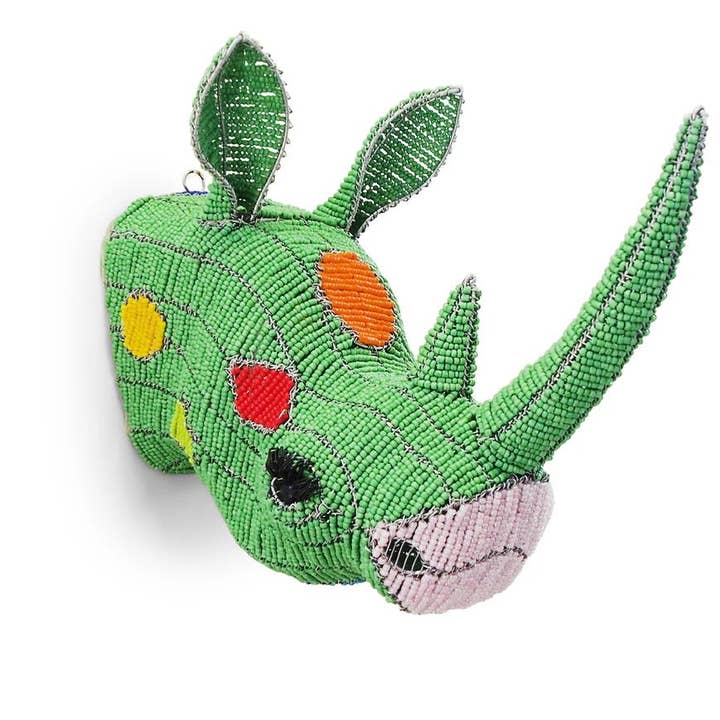 Mini Colourful Beaded Rhino Head for wholesale by The African Home Goods