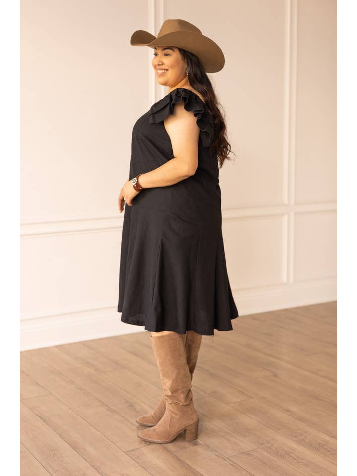 The Stella Black Linen Versi Dress for wholesale on Faire