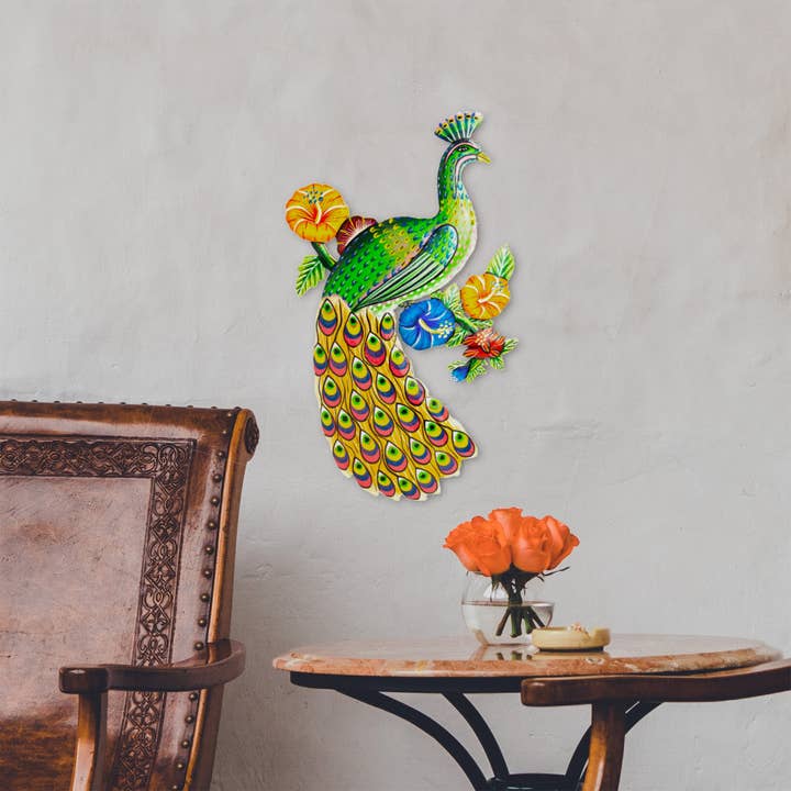 Global Crafts - Wholesale Wall Accent - Peacock and Hibiscus Painted Haitian Steel Drum Wall Art