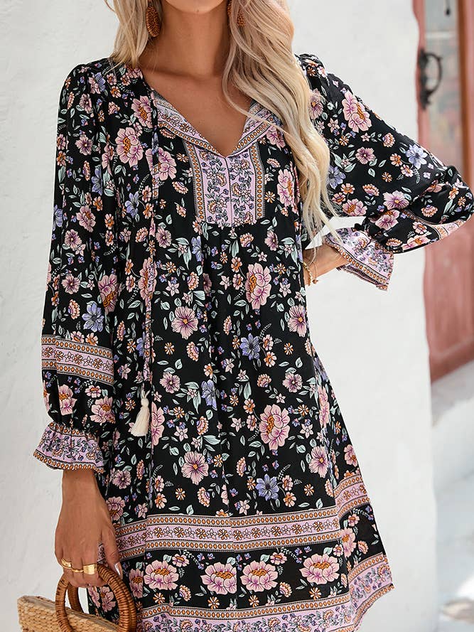 Split V Neck Black Floral Dress ZK467 for wholesale on Faire
