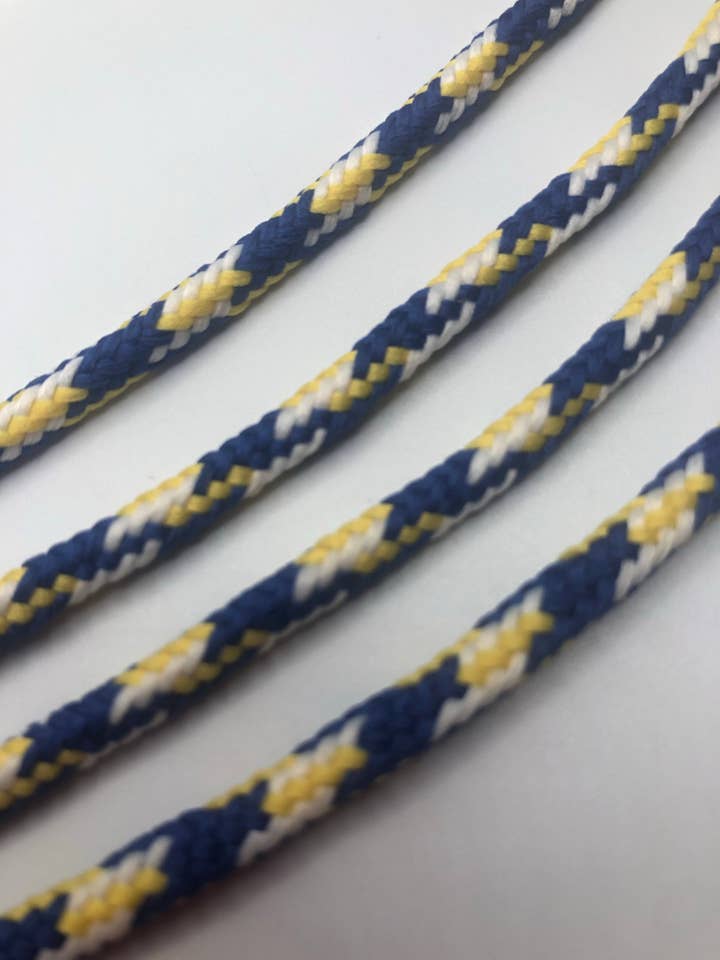 Blue, Yellow, White Round Shoelaces for wholesale by The Shoelace Factory