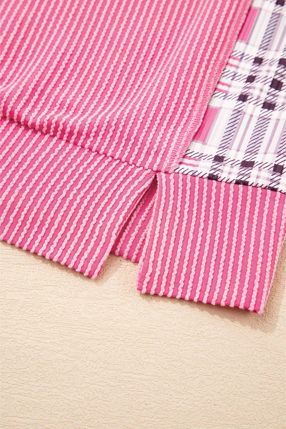 66DISCO - Wholesale Knit Top - Women's - Plaid Colorblock Corded Patchwork Split Neck Top (S-4X)15