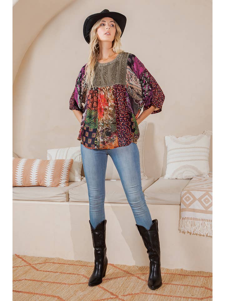 Young Threads - Wholesale Tunic - Women's - Bohemian: Tiered Patchwork Blouson Top8