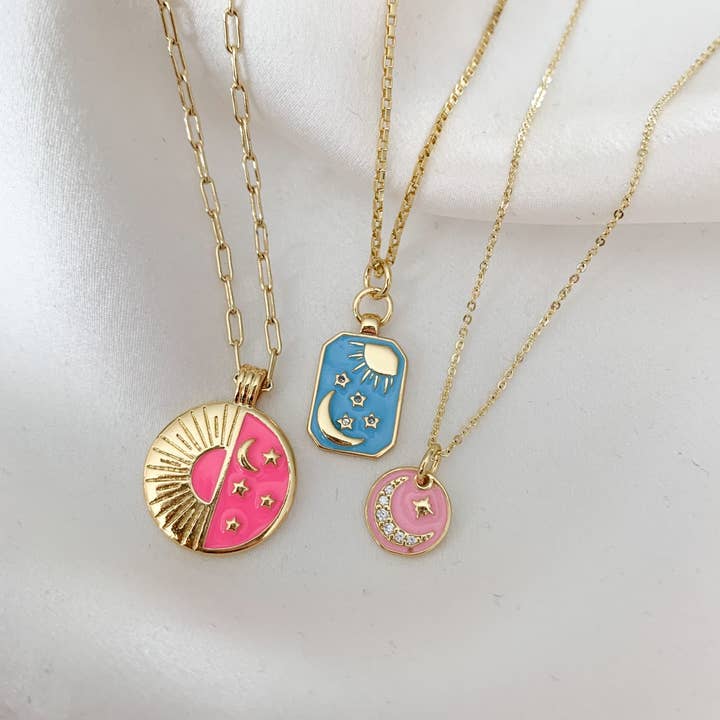Heather Fearne Jewelry - Wholesale Pendant/Charm Necklace - Gold, Pink, Light Blue Enamel Celestial Charm Necklaces | Paperclip, Rolo, Box Chain Styles | Star, Moon, Galaxy, Sun Themed Jewelry