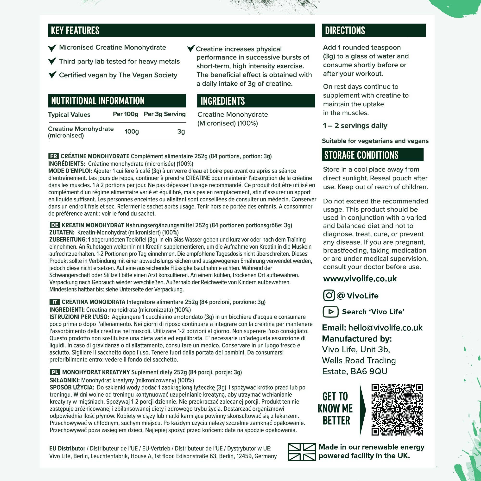 Vivo Life – wholesale Protein/superfood powder – Creatine (Informed Sport certified) / 252g1