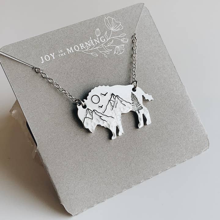 JOY IN THE MORNING - Wholesale Pendant/Charm Necklace - Mountain Bison Necklace, Buffalo, Hand Stamped Necklace