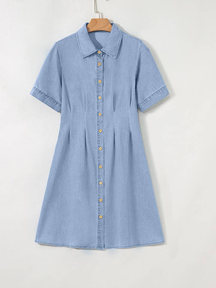 Myosotis Denim Pleated Slim Waist Short Sleeve Shirt Dress for wholesale on Faire8