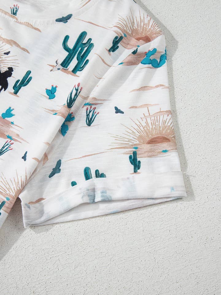 Beige Western Cactus Print Crew Neck Short Sleeve Top for wholesale on Faire