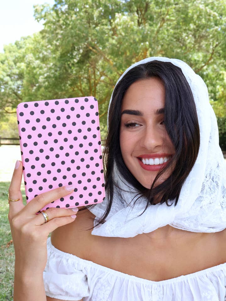 Pink & Black Polka Dot Kindle Case for wholesale by Books With Jess