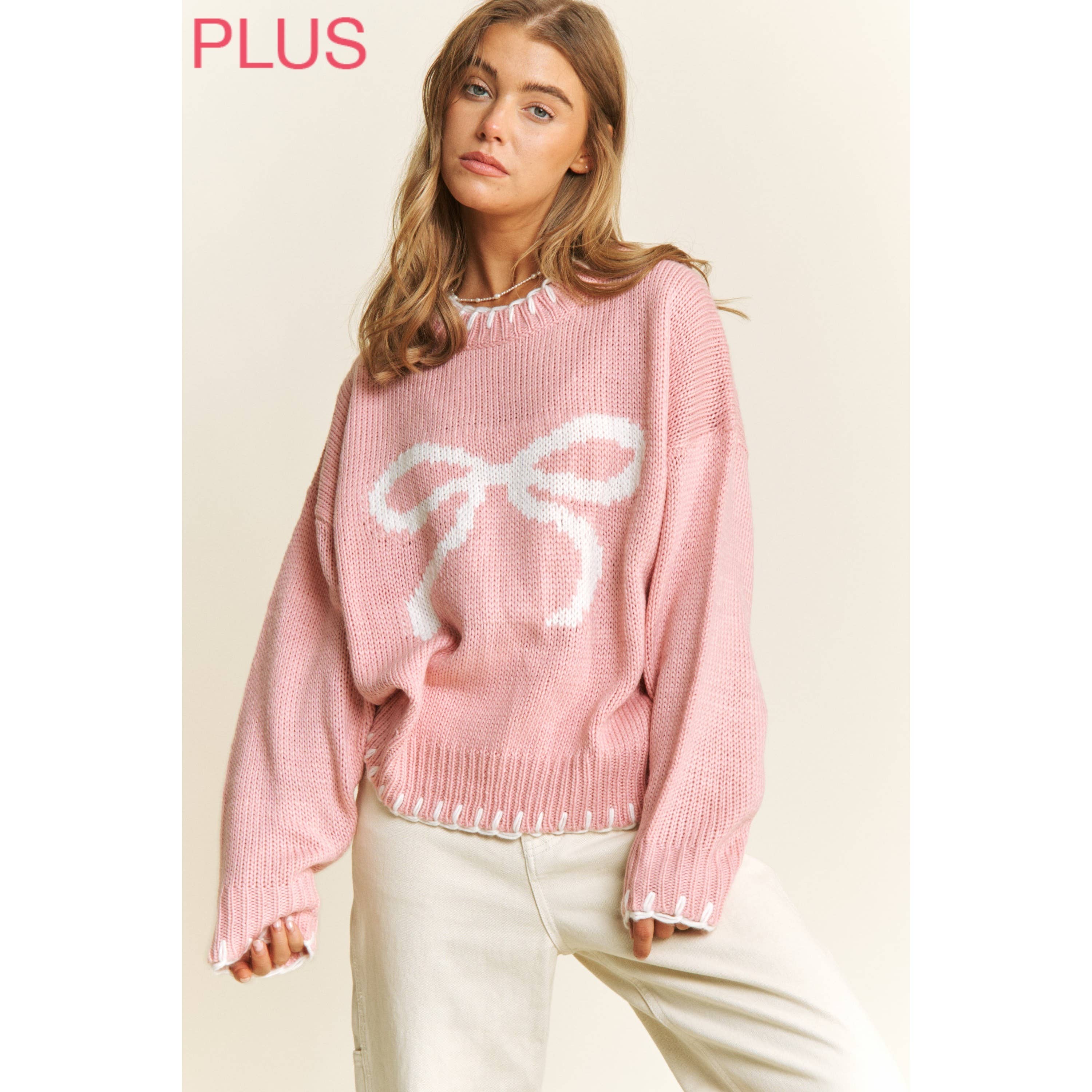 Sweet Generis – wholesale Knitted jumper – Women′s – PLUS HOLIDAY BIG BOW SWEATER PULLOVER WITH CONTRAST EDGE STI16