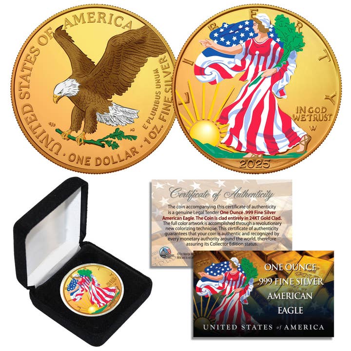 Combo 24K Gold Gilded / Color1 oz .999 Silver Eagle w/Box for wholesale by The Merrick Mint